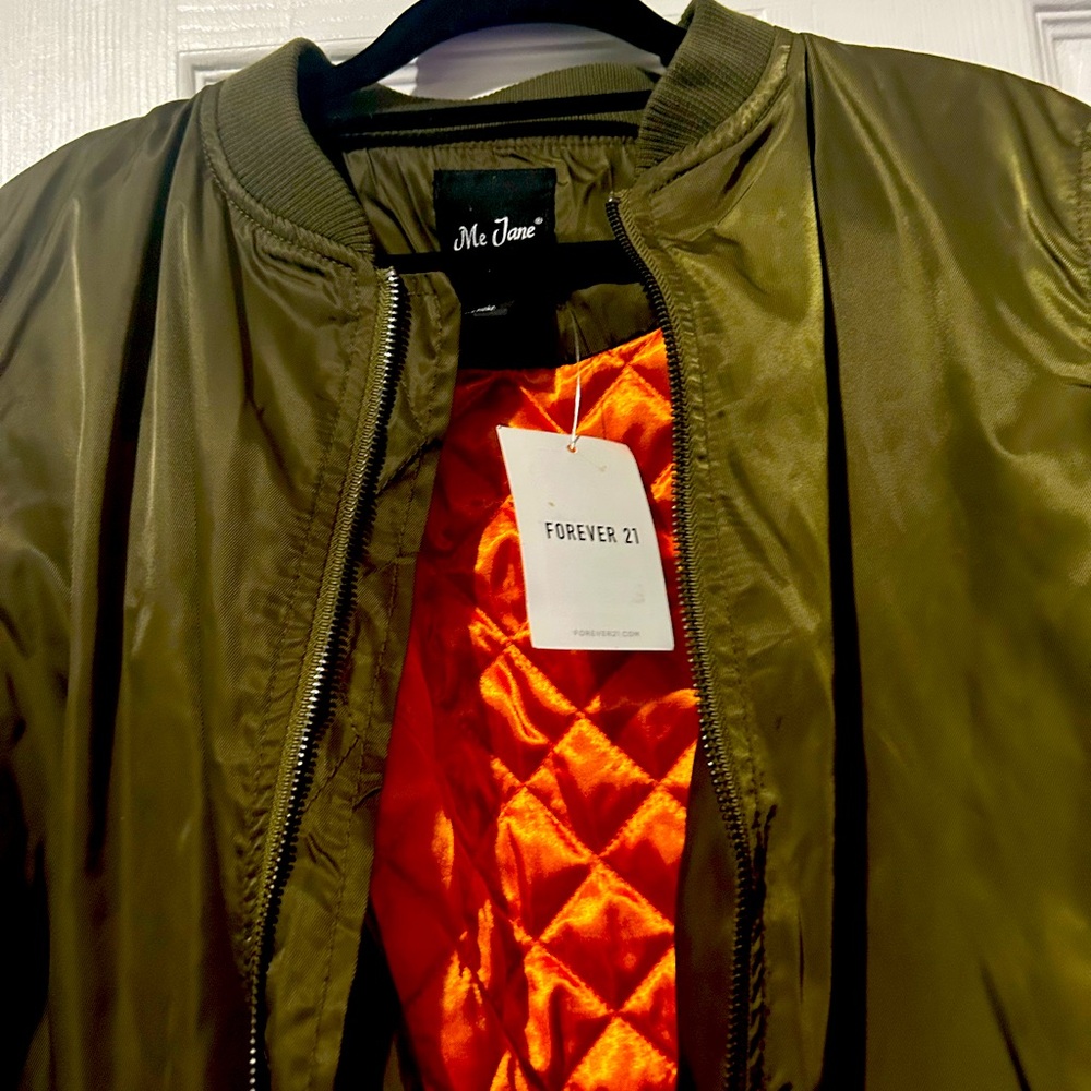Forever 21 Olive Bomber Jacket with Vibrant Orange Lining